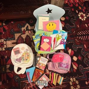American girl doll school set. including desk, notebooks,pens,backpacks,and more